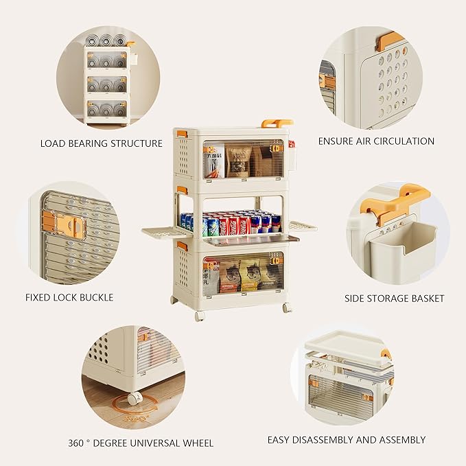 58 QT Storage Bins with Lids, Stackable Rolling Storage Cart with Clear Doors, 3 Tier Storage Cart on Wheels, Plastic Storage Containers for Home, Office, Kitchen, Bedroom, White