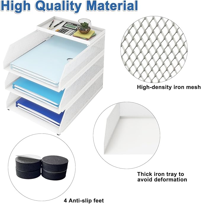 Natwind 3-Tier Stackable Paper Tray, Metal Mesh Desktop Organizer, Paper Sorter, Letter Trays,File Document Storage Rack for for Home, Office, School (White)