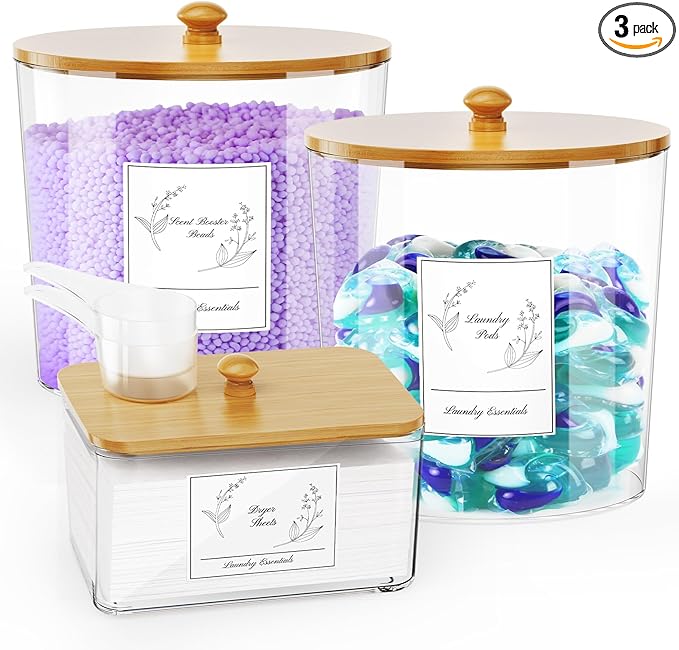 3 Pack Laundry Powder Container & Dryer Sheet Holder, Large Plastic Laundry Room Organization and Storage Jars with Lids, Labels & Scoops for Powder, Detergent, Scent Booster