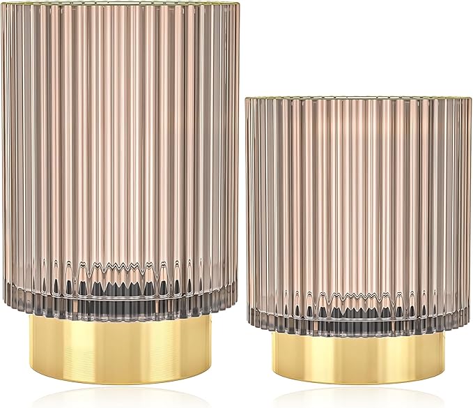 Makeup Brush Holder Organizer, Heavy Crystal Glass Brush Storage Holder, Vintage Cosmetic Make Up Bathroom Brushes Cup Pen Pencil Toothbrush Holder Striped Vase (S+L Pink)