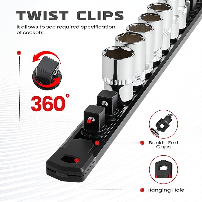 ALOANES 6-Piece Magnetic Socket Organizer, Heavy Duty Aluminum Socket Rails Organizer, 360° Swivel Clips Socket Holder Kit for Tool Box, 1/2, 3/8, 1/4-Inch Socket Holder x 80 Clips (Black)