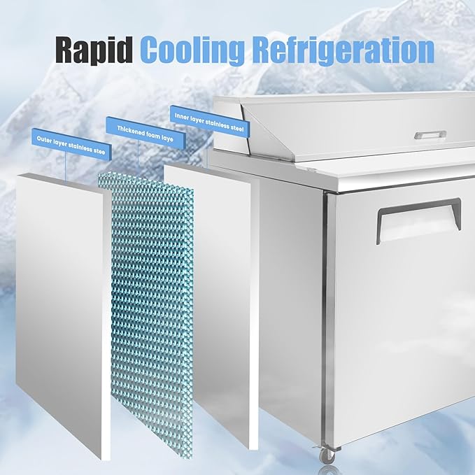 48" W Commercial Refrigerator Sandwich Salad Prep Table, Stainless Steel 2-Door Sandwich Prep Table Refrigerator, Counter Fan Cooling Refrigerator with 18 Pans for Restaurant, Bar