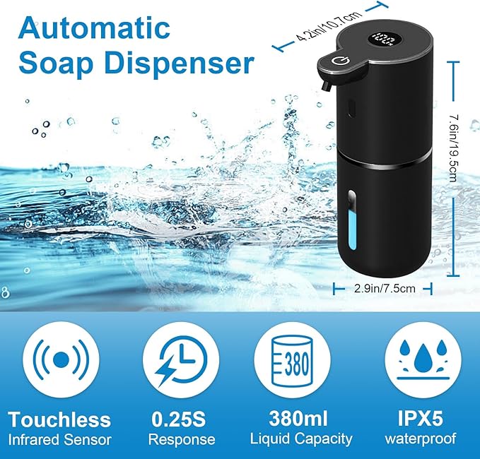 Automatic Foaming Soap Dispenser Touchless, USB Rechargeable Smart Hand Soap Dispenser, 6-Level Adjustable, 12.8oz/380mL, Compatible with Thick Thin Dish Soap for Bathroom Kitchen, Black