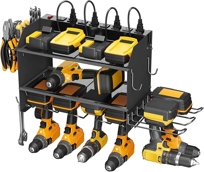 CCCEI Modular Power Tool Organizer Wall Mount Charging Station, Black 6 Drills Holder with 8 Plug Power Strip 10FT, Garage Drill Battery Heavy Duty Metal Shelf, Utility Rack with Hooks, Side Storage.