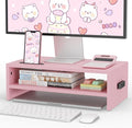 BONTEC Wooden Monitor Stand Riser, 2-Tier Desk Shelf with Storage Organizer, Ergonomic Computer Stand with Cable Management, Cellphone Holder, Pink, 16.5 Inch