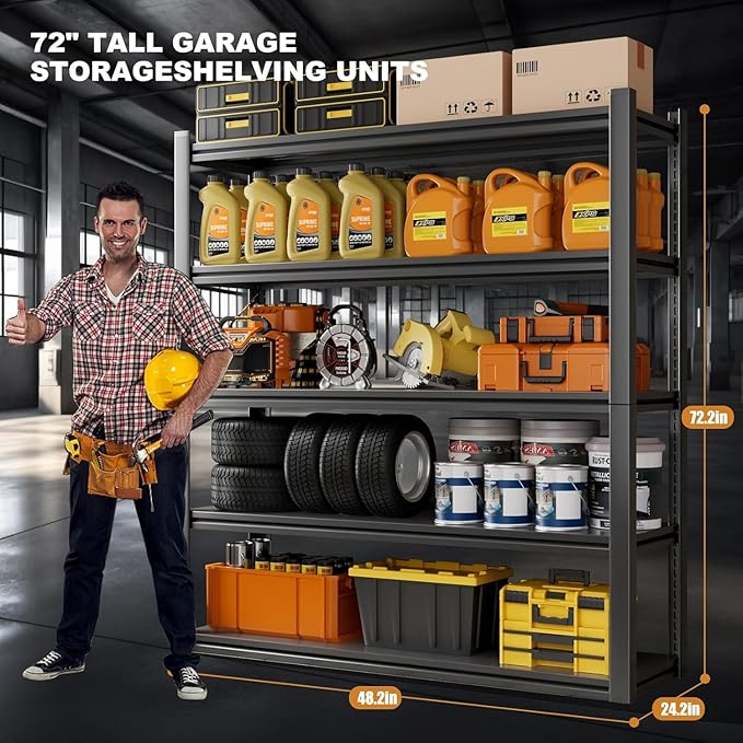 48.2" W Garage Shelving 3000LBS Storage Shelf Heavy Duty Garage Storage Shelves Adjustable 5 Tier Metal Shelves for Storage Industrial Heavy Duty Shelving Unit 24.2" Dx48.2 Wx72.2 H, 3 Pcs