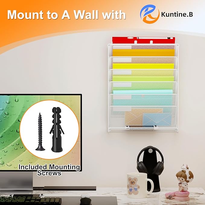 Kuntine.B Wall File Organizer Hanging Magazine Holder (White, 7 Tier 2 Pack)