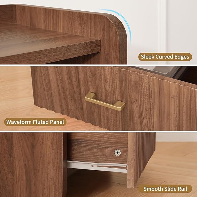 Night Stand with Charger Station, Fluted Nightstands Set of 2 with Drawer, Modern Bedside Table Set of 2, Wide Nightstands for Bedroom, Mid Century Wooden Night Stands for Home Sofa Couch