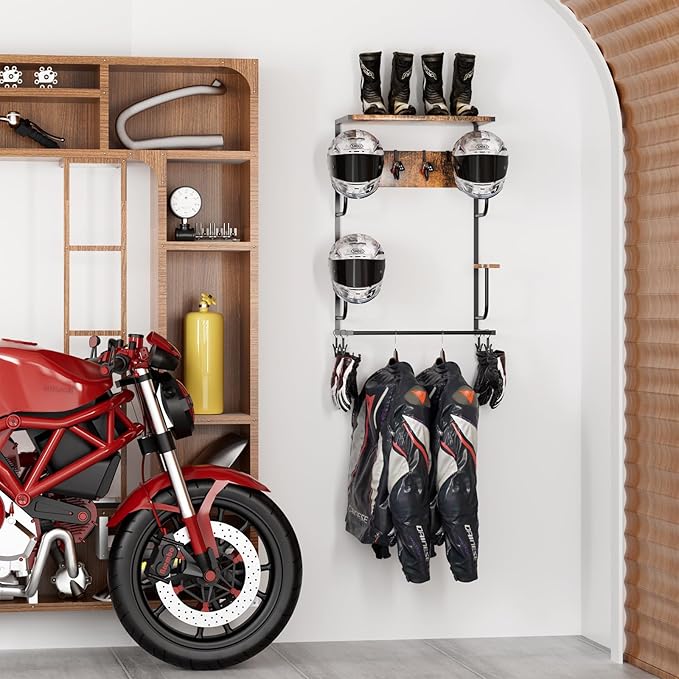 Motorcycle Helmet Holder Wall-Mounted Helmet Rack with 4 Glove Chips& Hooks - Rustic Bike Helmets Storage Organizer, Universal Wall Mount for Helmets, Gear, Clothes, Accessories，Retro