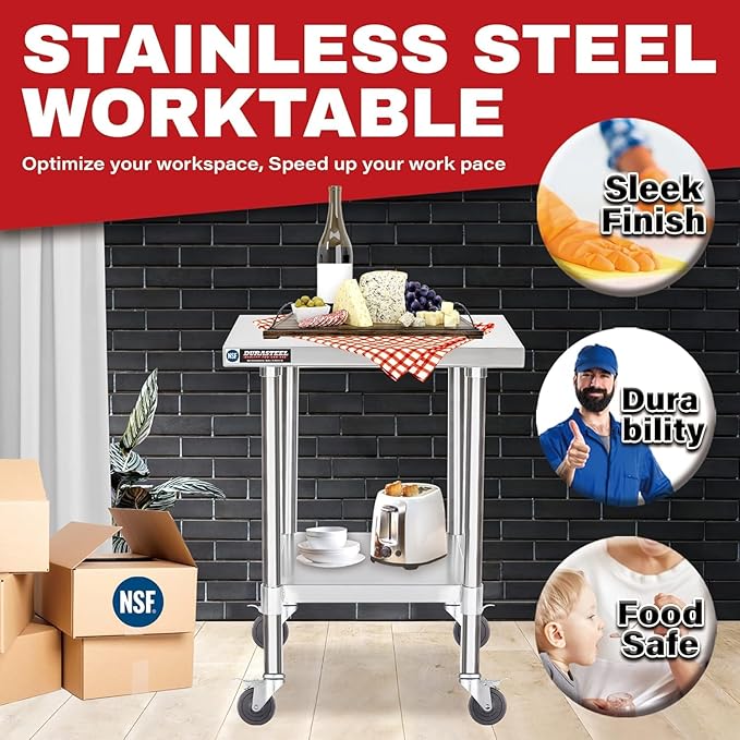DuraSteel 24x24 NSF Stainless Steel Cart Work Table - Heavy Duty Rolling Food Prep Table - Metal Utility Cart on Wheels Caster, Grill Stand Microwave Outdoor Kitchen Tables Countertop Island Large Top
