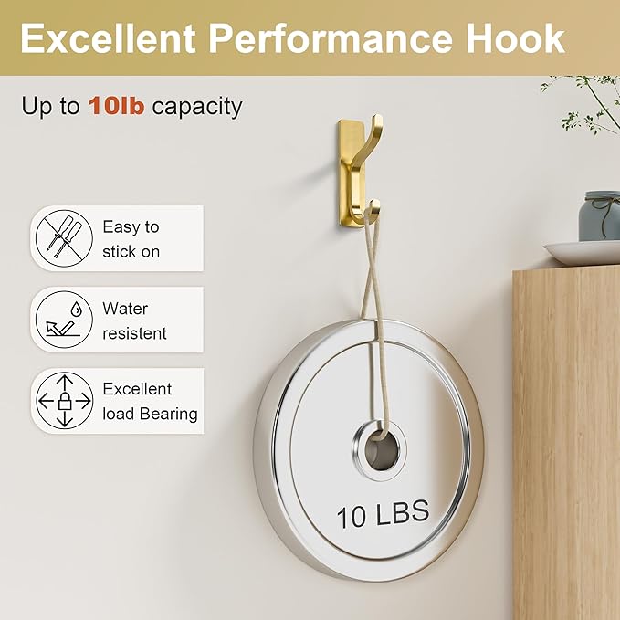 Gold Adhesive Wall Hooks for Hanging - Heavy Duty 13 lb Sticky Towel Hook for Bathroom, Door, Closet, Dorm, RV, Kitchen, Hanger for Coats, Bags, Keys, Purse, Clothes - Stainless Steel, 4 Pack