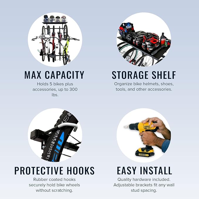 StoreYourBoard Bike Storage Rack with Shelf – Heavy Duty Garage Bike Storage Rack for 5 Bicycles, Adjustable Vertical Bike Rack, Bike Rack Shelf for Helmets & Gear, Holds 300 lbs