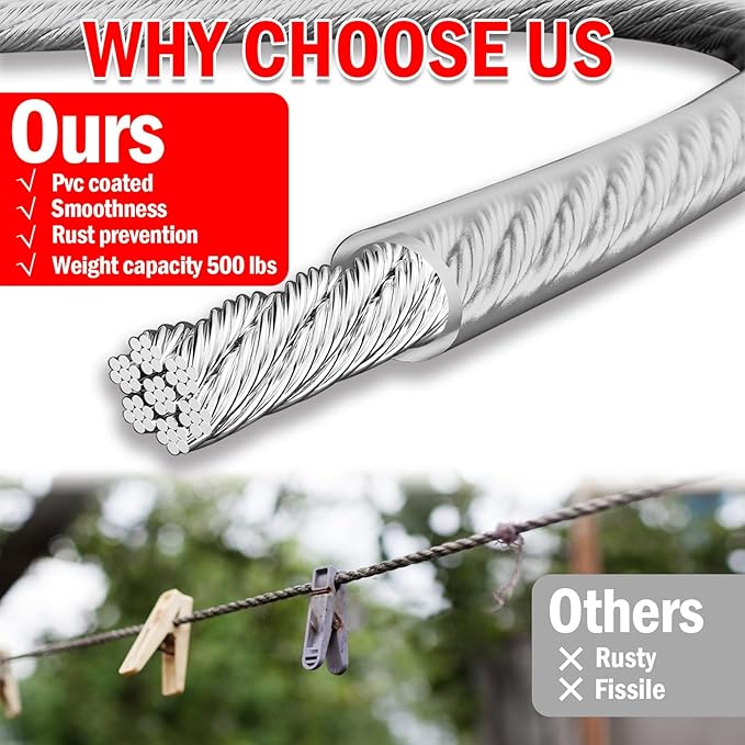40ft Clothes Line Outdoors 3/16" Wire Ropes Silver PVC Coating Laundry Drying Clothesline with Metal Hooks and Snap Heavy Duty for Umbrella Travel Outside Camping Backyard