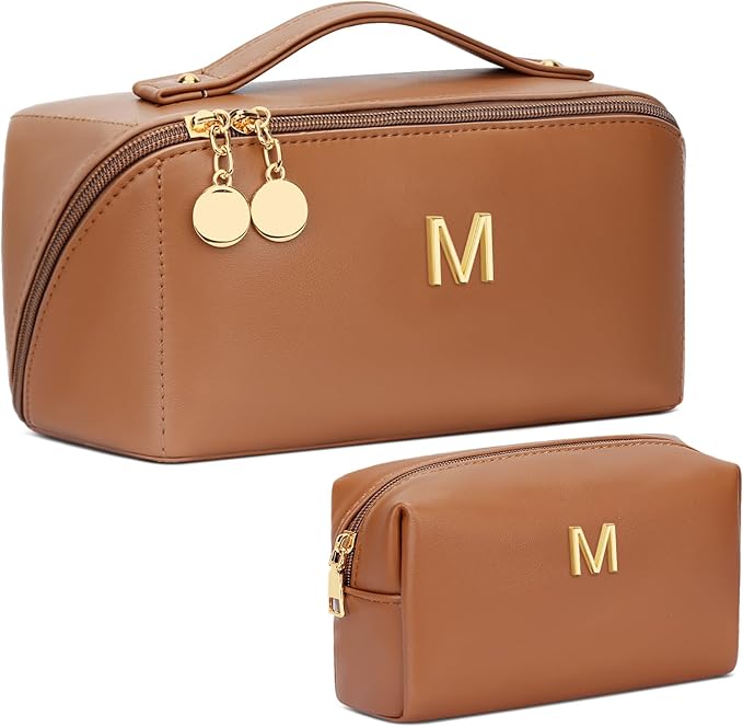 Birthday Gifts for Women Teen Girl, Personalized Initial Makeup Organizer Bag Set, Open Flat Travel Cosmetic Bag With Clear Divider and Handle(Brown,M)