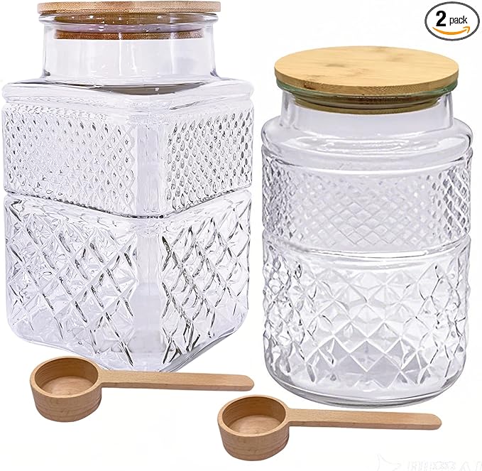 Viovian 60 OZ Vintage Glass Jar with Lid Wood Spoon Set of 2 Decorative Glass Storage Jars Airtight Lids Clear Canister Container for Food Candy Cookie Sugar Coffee Bean Tea Nuts Snack Dog Treat Vase