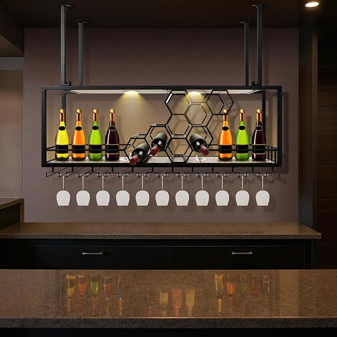 Metal Hanging Wine Rack, Metal Bar Liquor Bottle Display Shelf Wall Wine Storage Rack (120x30x40cm Black)