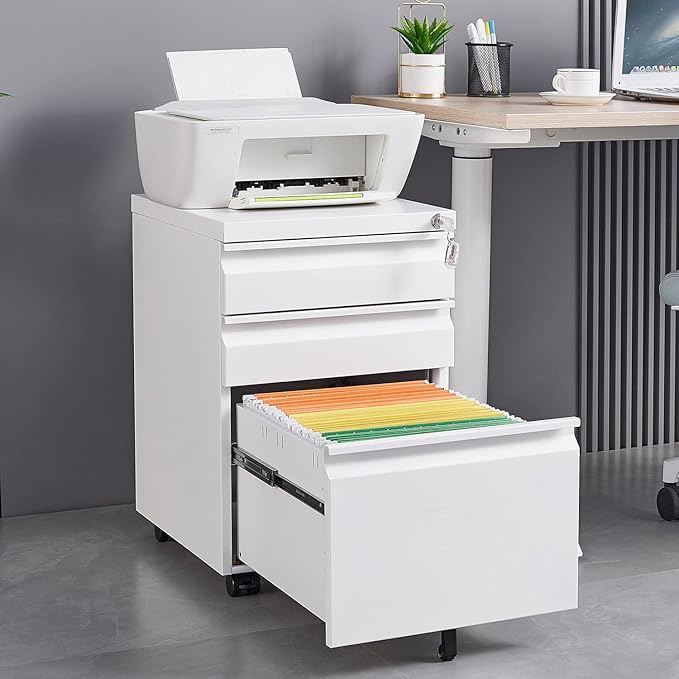 3-Drawer Lockable Mobile File Cabinet – Metal A4/Letter/Legal Size Storage for Home/Office, Space-Saving Under-Desk Cabinet with Wheels[Installation Required] (White-B)