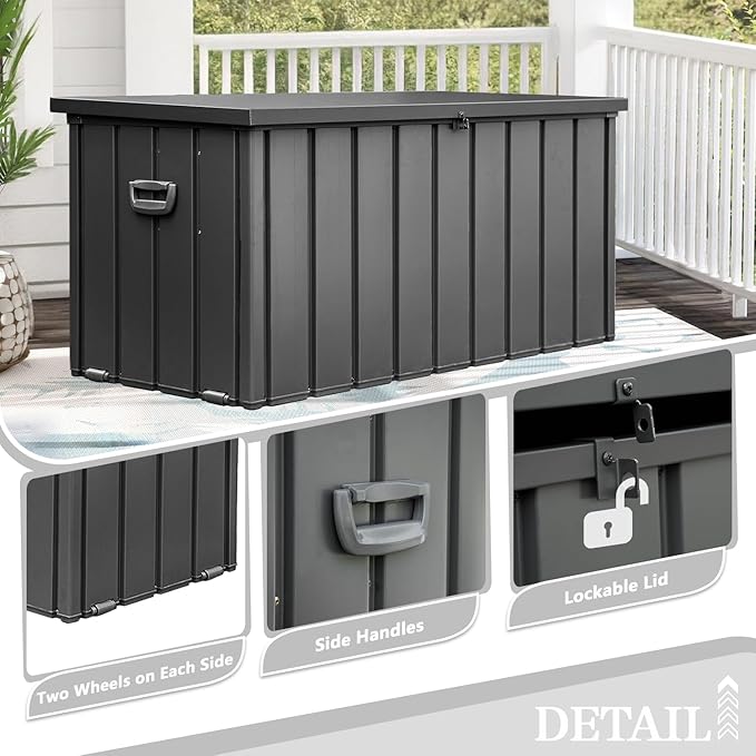 Domi 150 Gallon Deck Box, Metal Outdoor Storage Box with Lock Wheels Side Handles, Waterproof Outside Storage Box for Patio Cushions, Shoes & Pool Tools