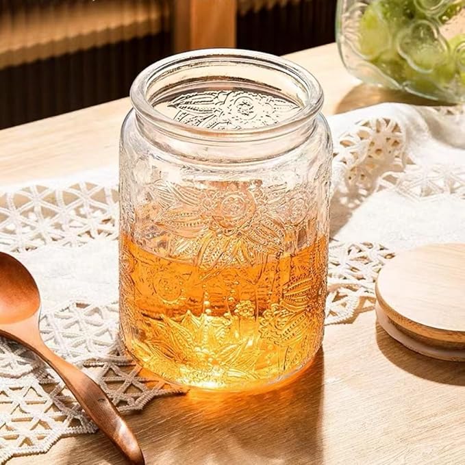ANSQU 2 Pack Vintage Glass Storage Jar, 23.7 FL OZ Glass Food Storage Containers with Bamboo Lid, Candy Jars with Lids for Kitchen Counter, Pantry, Coffee, Tea, Sugar