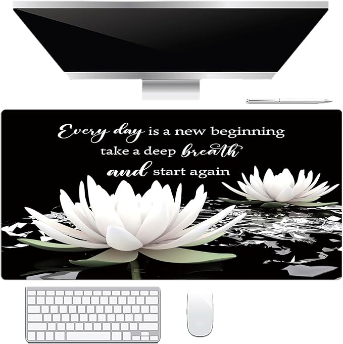 LB Black and White Floral Mouse Pad Plant Flower with Inspirational Quotes Large Mouse Pad for Desk Modern Aesthetic Desk Pad for Office and Home Non-Slip Rubber Base Mouse Mat 15.75L X 31.5W Inch