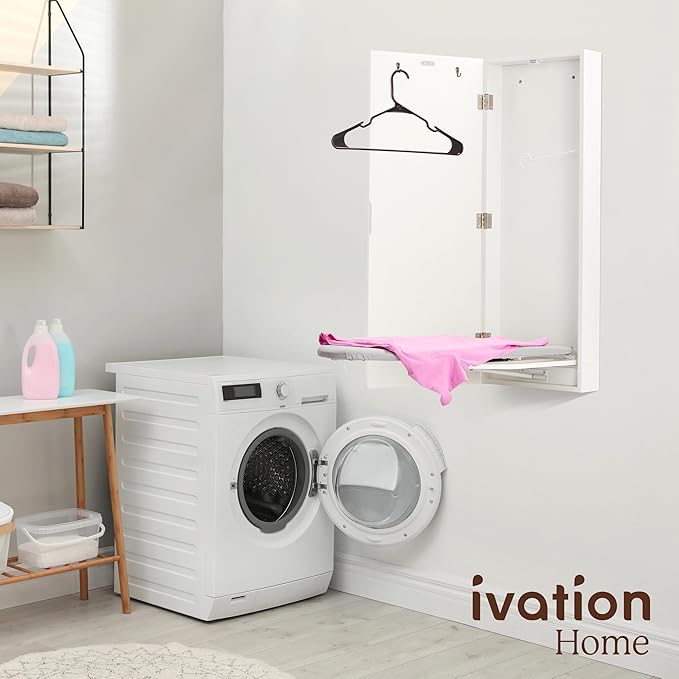 Ivation Wall-Mounted Swivel Ironing Board Cabinet, Foldable Ironing Storage Station for Home, Apartment, Easy-Release Lever, Garment Hooks, White
