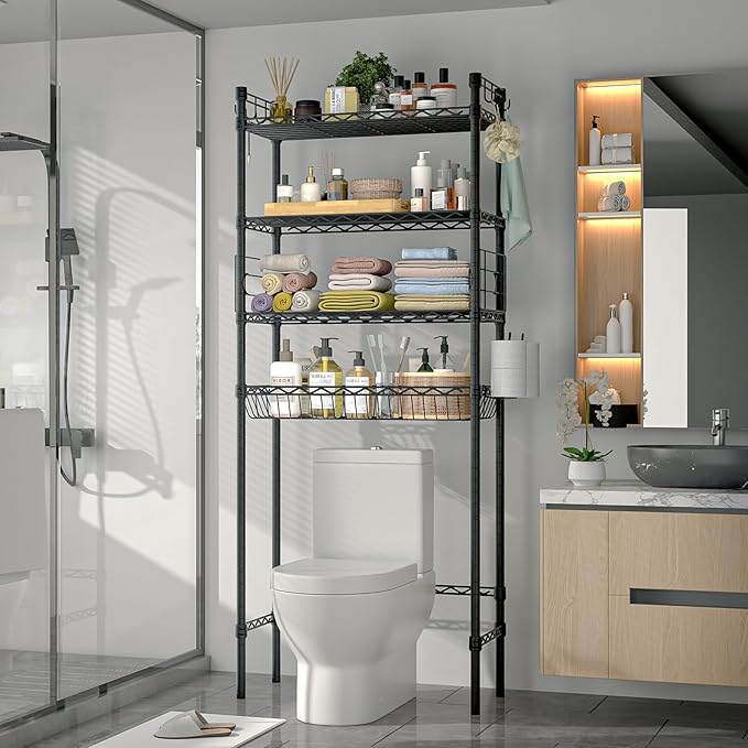 PrimeZone Over The Toilet Storage Shelf - 4 Tier Adjustable Metal Bathroom Wire Shelves Organizer with 2 Hooks, Freestanding Above Toilet Storage Rack for Bathroom Laundry, White