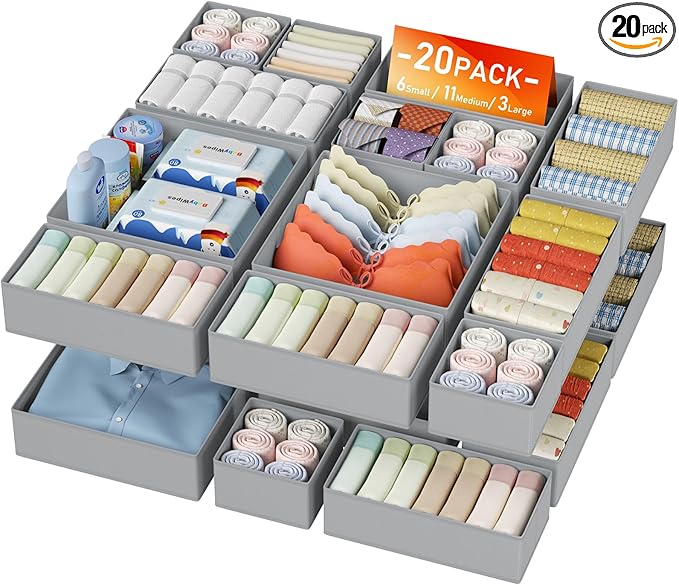 DIMJ Drawer Organizer Clothes - 20 Pack Closet Drawer Organizer Bins for Baby Clothes Storage, Fabric Dresser Organizer for Nursery Bedroom, Foldable Small Drawer Dividers for Underwear Socks