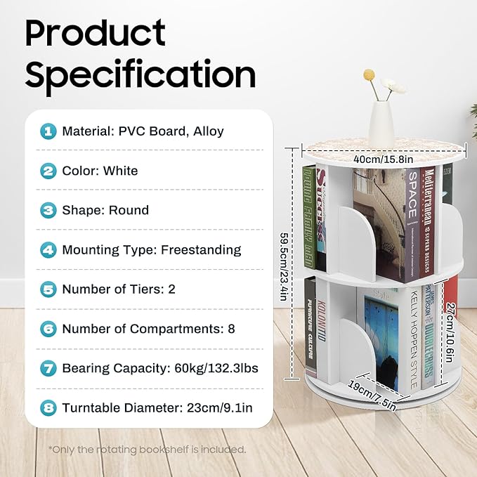 2-Tier Rotating Bookshelf 360° Revolving Bookcase, Floor Standing Bookcase Book Storage Organizer Display Rack, Round Bookshelf with Dividers & Anti-Falling Baffles for Living Room, Study Room