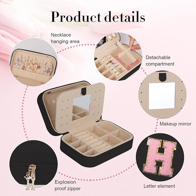 TopPerfekt Travel Jewelry Case, Jewelry Box with Mirror, Jewelry Organizer Bridal Shower Gifts to Her, Earring Storage Travel Case, Trendy Gift for Women and Girls, Girlfriend-Letter H, Black