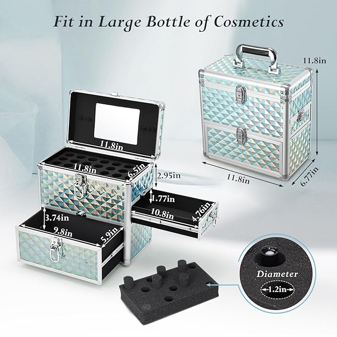 FRENESSA Extra Large Makeup Organizer Case Cosmetic Box Storage with Drawer Mirror Nail Manicure Accessory Organizer With Dividers Travel Nail Art Case for Makeup Artist Nail Tech Case Watery Blue
