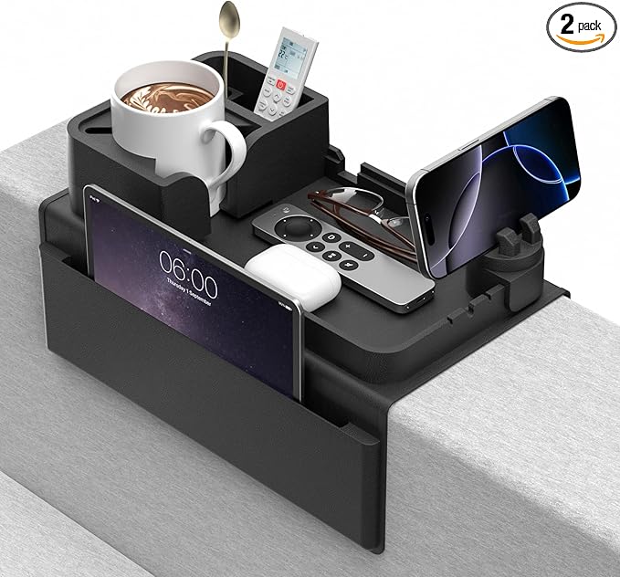 Couch Arm Cup Holder CLESOO Couch Arm Tray Anti-Slip Couch Cup Holder Silicone Sofa Armrest Tray Dual Side Pocket Couch Drink Holder Sofa Caddy Arm Remote Holder Snack Caddy with Phone Holder Black