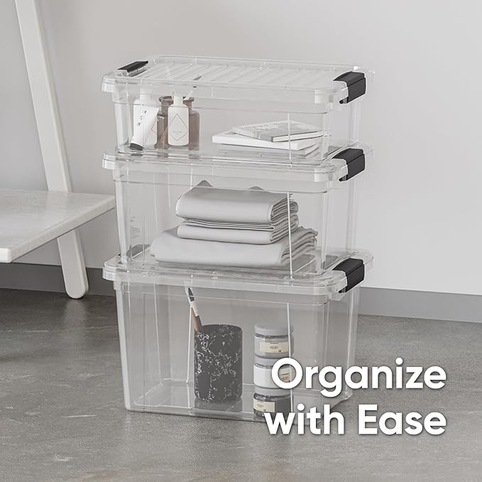 Superio Clear Storage Boxes with Lids, 4.75 Quart Plastic Container Bins for Organizing, Stackable Crates, BPA Free, Non Toxic, Odor Free, Organizers for Home, Office and Dorm, 8 Pack