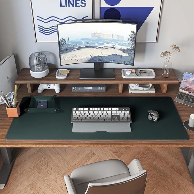 DAWNTREES Dark Green Desk Mat,Leather Desk Pad,40"x16",Cork Desk Mat Protector,with PU Leather Valet Tray Organizer,Large Mouse Pad,Desk Writing Pad for Office and Home