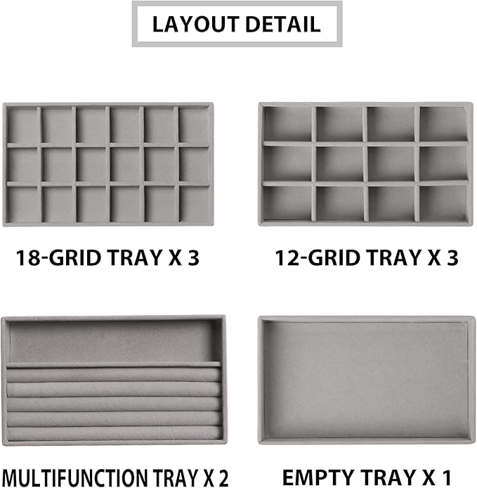 Frebeauty Jewelry Organizer Tray,Stackable Velvet Jewelry Trays,Drawer Inserts Earring Organizer For Women Jewelry Storage Display Case for Rings Stud Necklaces,Set of 9(Grey)