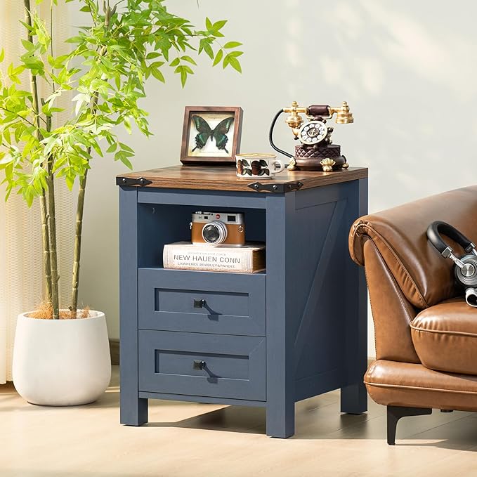 Nightstands Set of 2 with Charging Station, Farmhouse Night Stand with 2 Drawers and Shelf Storage, Wooden Side End Table, Bedside Cabinet for Bedroom, Living Room, Closet,Office (Blue)