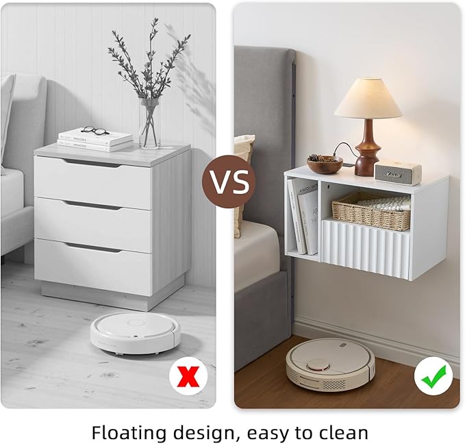 Modern Matte White Fluted Floating Nightstand with Charging Station, NightStand with Drawers, Bedside with USB Ports and Outlets, Bedroom Furniture (Set of 2)