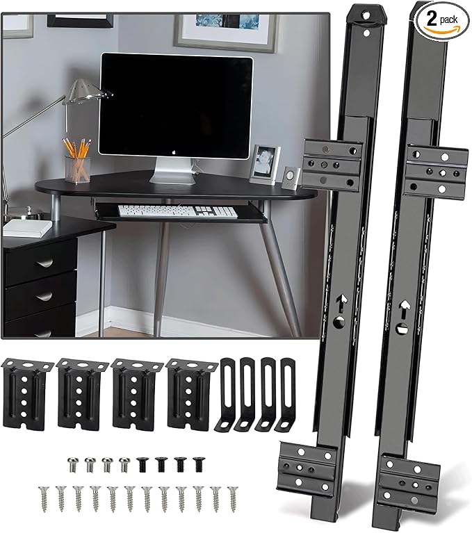 14" Keyboard Slide Heavy Duty Ball Bearing Slides Computer Tray Under Desk Rails Rack Cabinet Furniture Drawer Hardware Accessories with Adjustable Height Bracket & L Extension Support Bracket (Black)