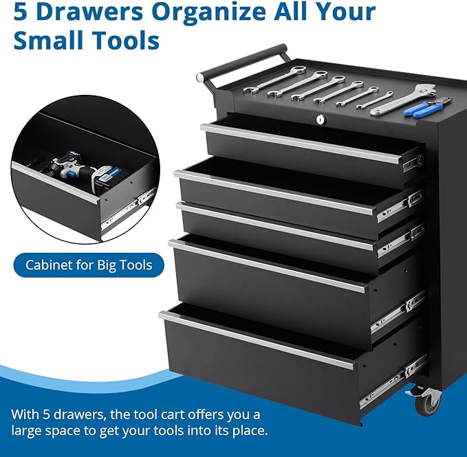 IDEALHOUSE Rolling Tool Chest, 5 Drawers Tool Storage Cabinet, Toolbox with Wheels, Portable Tool Cabinet Organizer with Locking System & Drawer Liners, Tool Storage Cart for Garage, Workshop, Black