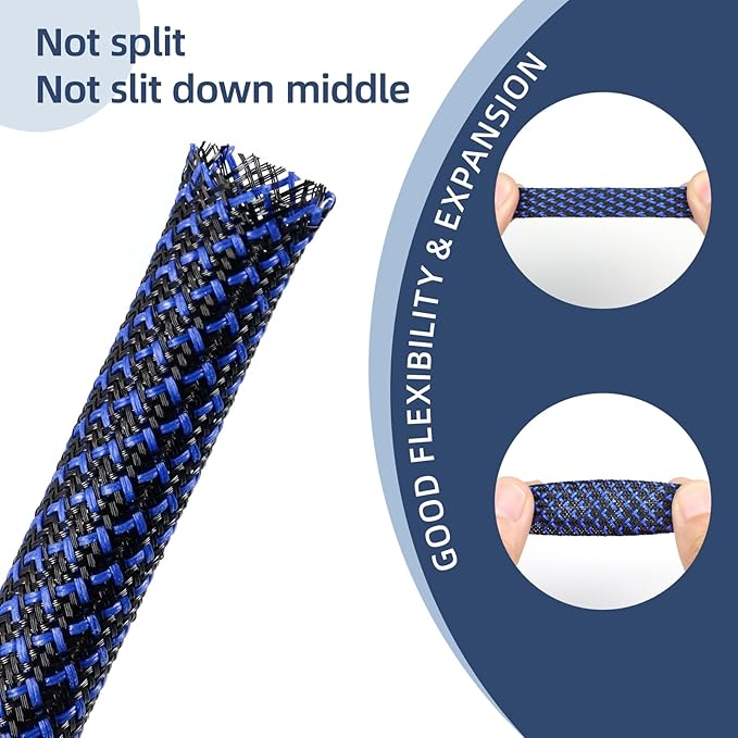 Braided Cable Sleeving, PET Expandable Braided Cable Sleeve, Flexible Mesh Sleeving Cord Management for Audio Video and Other Home Device, Cord Protector from Pets (Black Blue-2, 3/8")