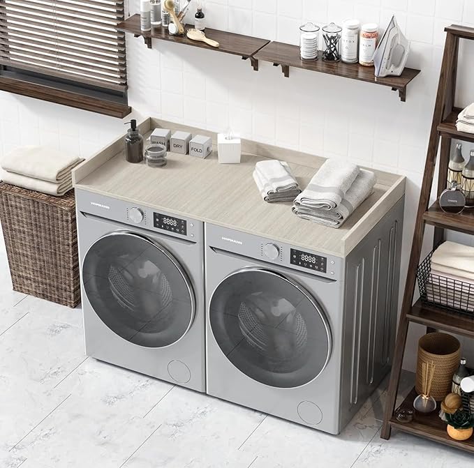 OfficeSimpli Washer Dryer Countertop, Made in USA, Non-Slip Pads, Easy Clean, Laundry Room Essentials and Decor, Washer Dryer Wood Top for Organization (Rustic Oak, Standard (27.5" x 54"))