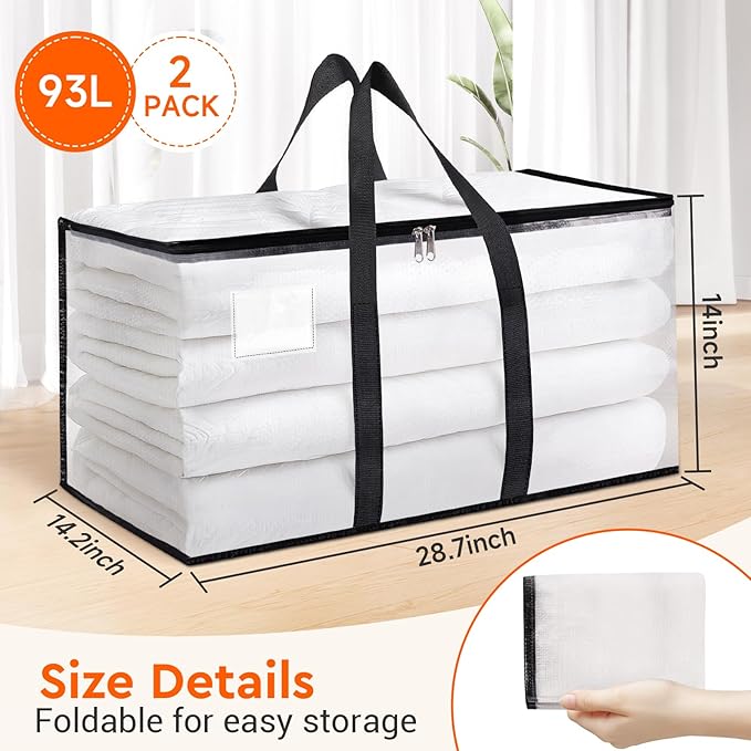 BlissTotes 2-Pack Heavy Duty Extra Large Clear Moving Bags, Reinforced Handles & Tag Pocket, 93L