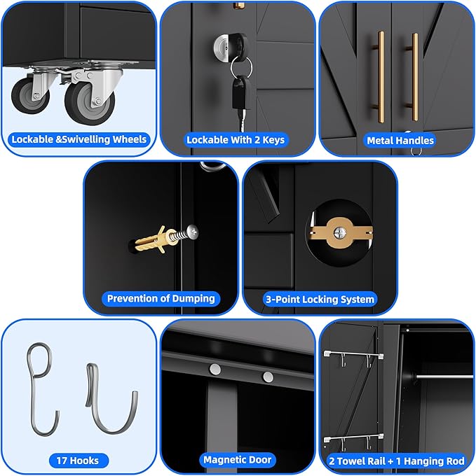 Black Broom Closet Storage Cabinet with Doors and 4 Shelves,Metal Cleaning Tool Cabinet with Pegboard,Hanging Rod for Brooms and Mops,Kitchen Pantry Storage Cabinet,Assembly Required