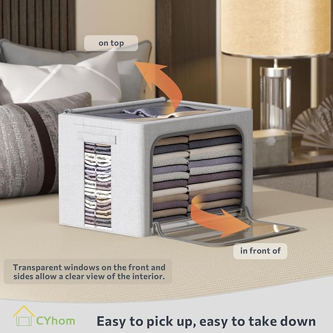 CYhom 3Pack Foldable Storage Bins - Frame Storage Box Linen Fabric Stackable Clothes Container Organizer with Clear Window & Carry Handles Large Capacity (Small-22L, Light Grey)