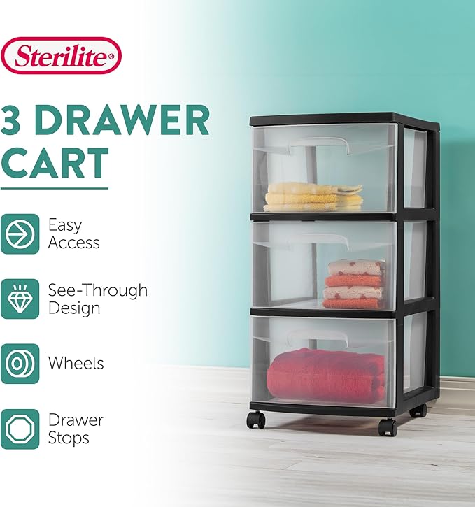Sterilite 8 Pack Plastic Storage Organizer, 3 Drawer Rolling Bin Cart, Closet Organization, Black