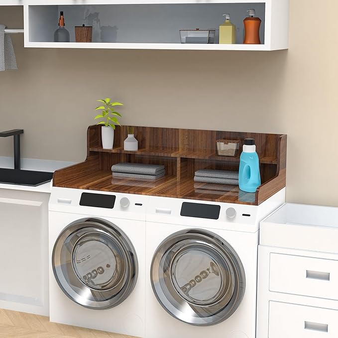 2-Tier Washer Dryer Countertop, Wood Laundry Countertop with Edge, 54" x 27.5" Top Cover for Laundry Machine, Washer and Dryer Wood Shelf Topper for Laundry Room Counter Storage Organization, Walnut