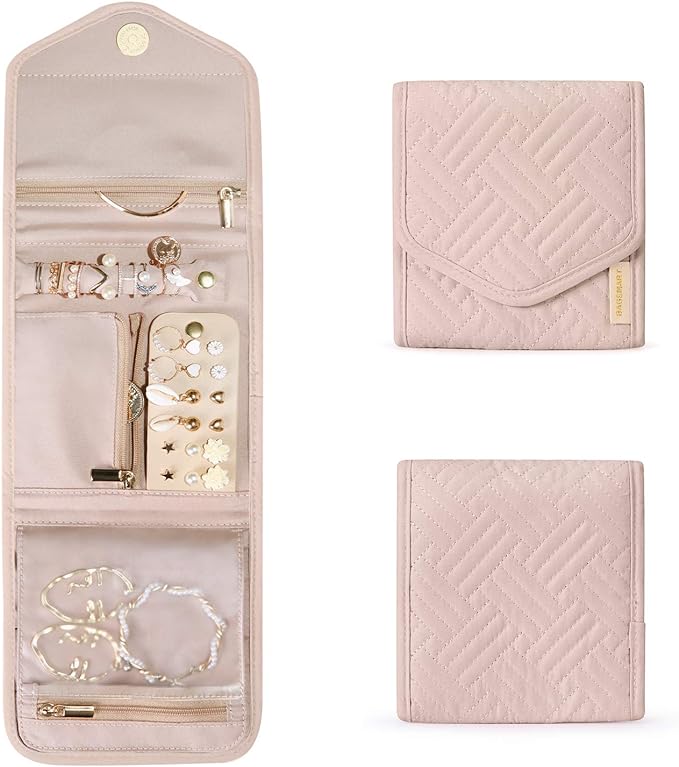 BAGSMART Travel Jewelry Organizer Case Foldable Small Jewelry Roll for Journey Rings, Necklaces, Earrings, Bracelets,Mini,Soft Pink