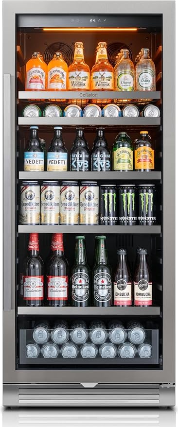 Ca'Lefort 24 Inch Beverage Refrigerator, 238 Cans Tall Beverage Fridge with Glass Door, 40-65°F Drink Fridge with 3 LED for Bar/Kitchen/Office, Freestanding or Built-In Beer Cooler for Beer/Soda/Wine