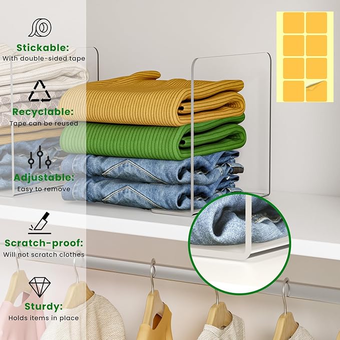 Shelf Dividers for Closet Organization: 4 Pack 10" Tall X 8.4" Deep Acrylic Clear Vertical Shelves Separators - Adhesive Adjustable Easy to Install Remove - Handbags/Clothes/Towel Storage