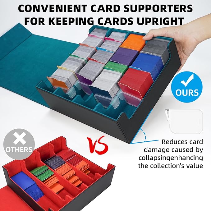 AFIING 4-Row Trading Card Storage Box – Holds 3200+ Cards, 48 Dividers & 4 Stoppers, Card Deck Box for MTG TCG Sports Cards – Includes 1 Dice Bag(Black Cyan)