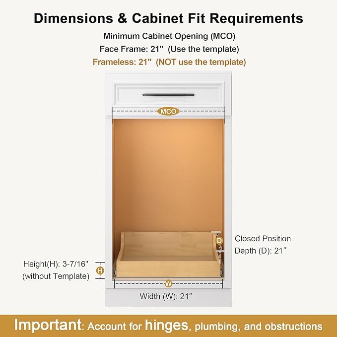 ALINE FURNITURE Birch Pull Out Drawers for Cabinets, 21" W x 21" D x 6" H Soft-Close Slide Out Drawer for Kitchen Cabinets, Pull Out Shelves, Pantry Cabinet Organizer, with Pre-Drilled Wood Template